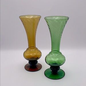 Vintage, Green and Amber Gold Swirl Glass Vases 7.75” Tall